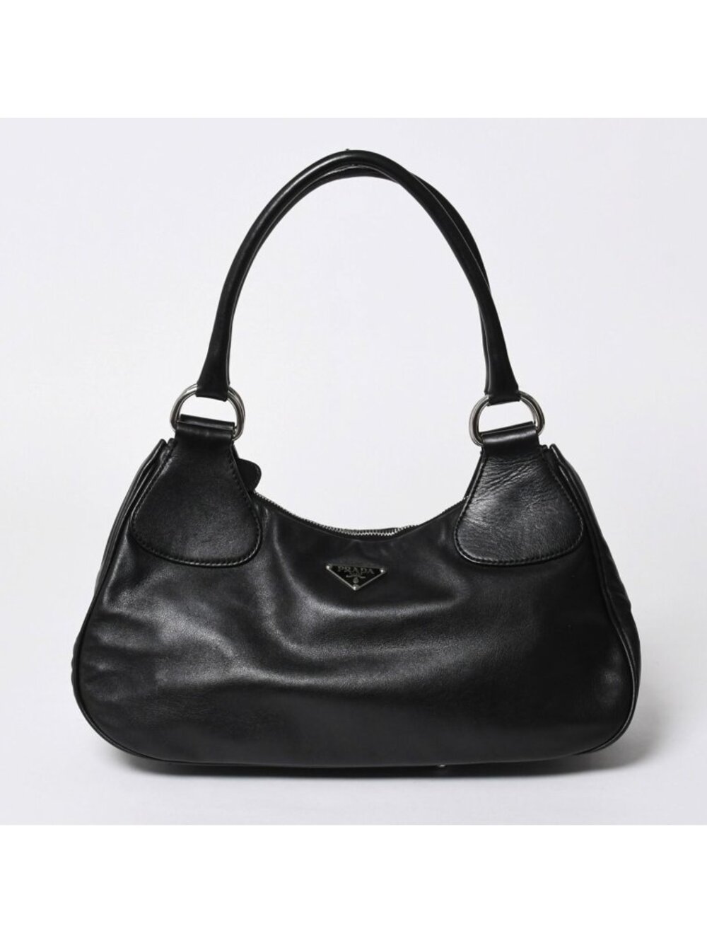 Prada Black Leather Handbag Silver Metal Patent Plate